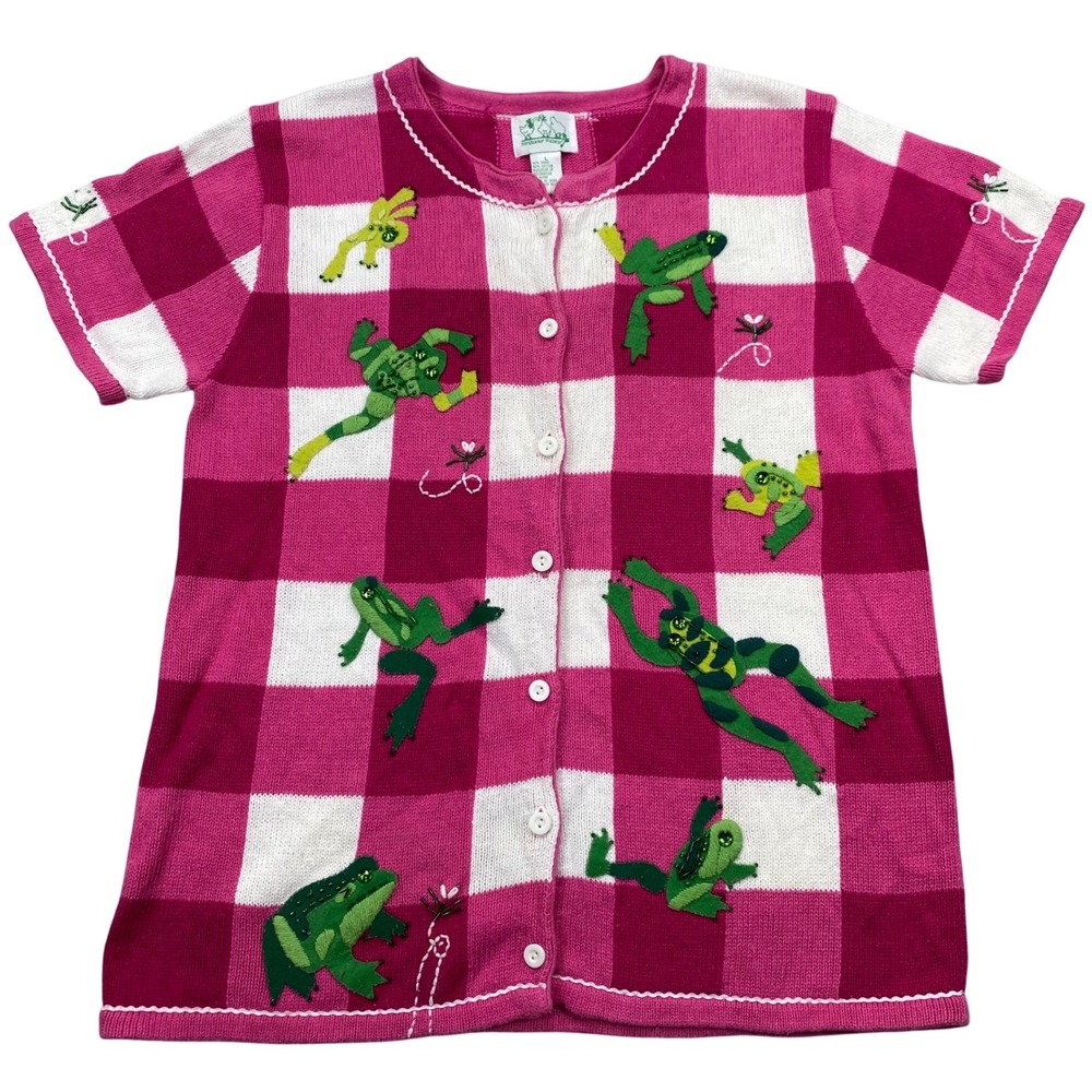 Vintage 90s Quacker Factory Frog Gingham Cardigan Sweater Large Pink White 3D